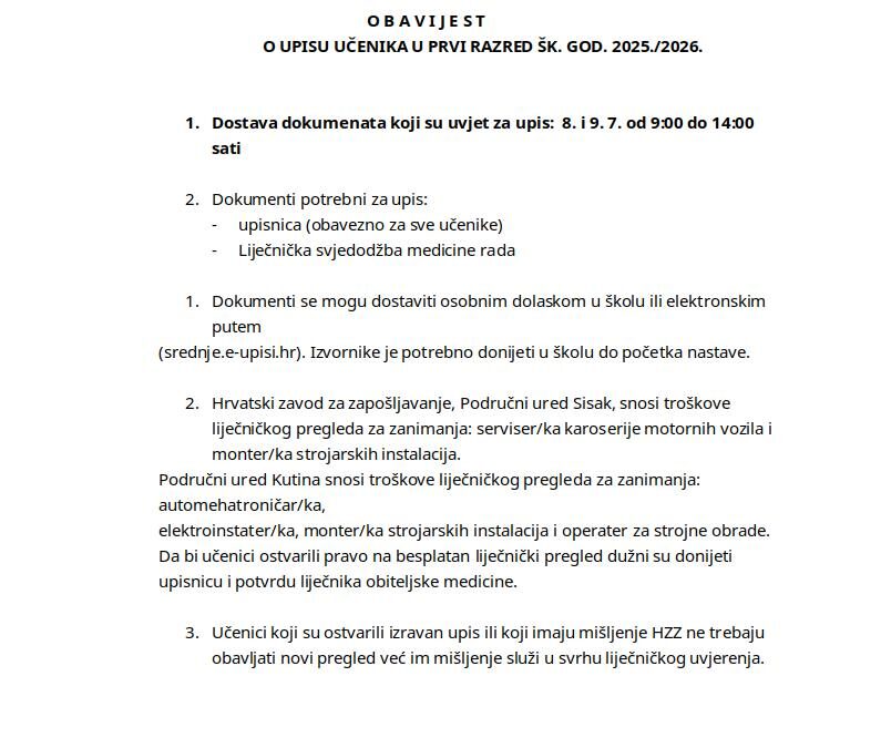 OBAVI JEST O UPISU UČENIKA U PRVI RAZRED ŠK. GOD. 2025./2026.