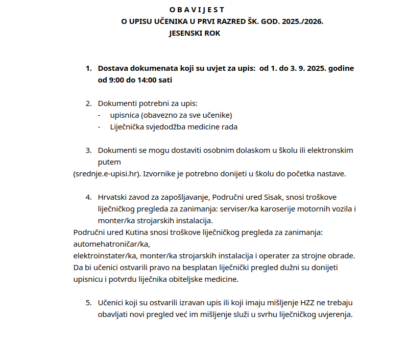 OBAVIJEST O UPISU UČENIKA U PRVI RAZRED ŠK. GOD. 2025./2026. JESENSKI ROK