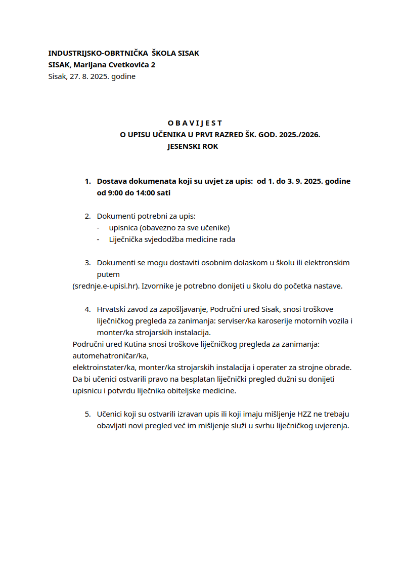 Obavijest, upis učenika šk. god. 2025.-2026. jes. rok