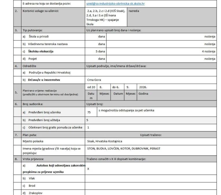 OBRAZAC POZIVA ZA ORGANIZACIJU VIŠEDNEVNE IZVANUČIONIČKE NASTAVE
