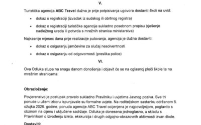 Odluka o odabiru najpovoljnije ponude za organizaciju maturalnog putovanja