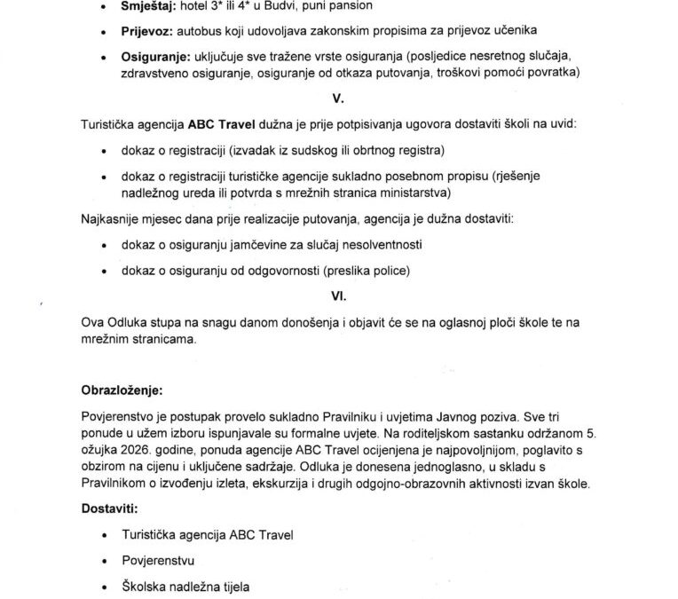 Odluka o odabiru najpovoljnije ponude za organizaciju maturalnog putovanja
