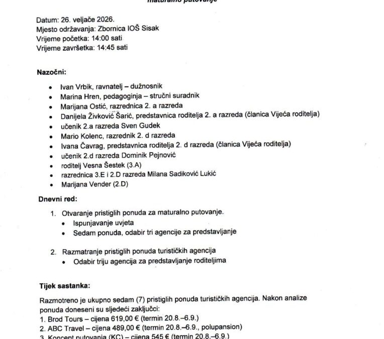 ZAPISNIK sastanka povjerenstva za provedbu javnog poziva i izbor najpovoljnije ponude za maturalno putovanje