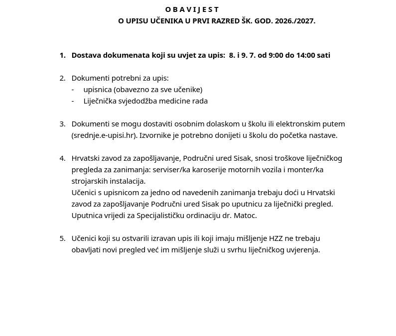 O B A V I J E S T  O UPISU UČENIKA U PRVI RAZRED ŠK. GOD. 2026./2027.