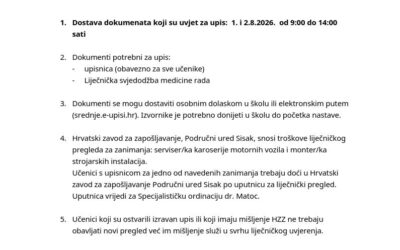 O B A V I J E S T O UPISU UČENIKA U PRVI RAZRED ŠK. GOD. 2026./2027. JESENSKI ROK